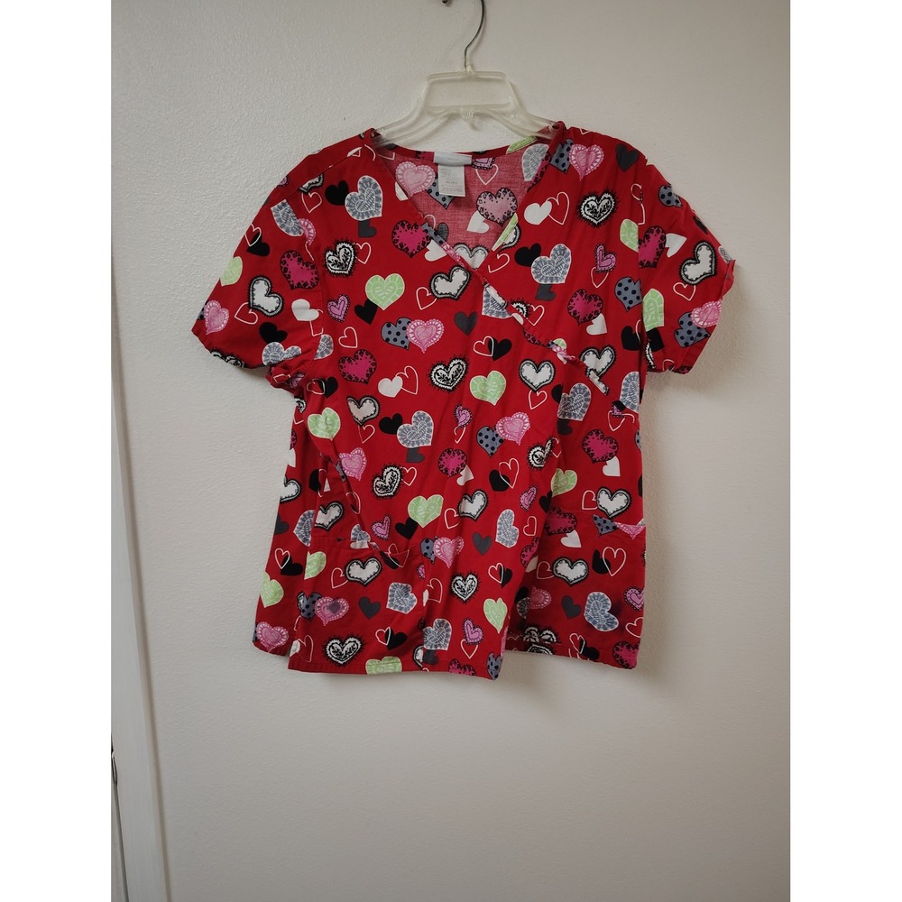 ScrubStar Womens XL Red Heart Print Mock Wrap Scrub Top V-Neck Medical Uniform